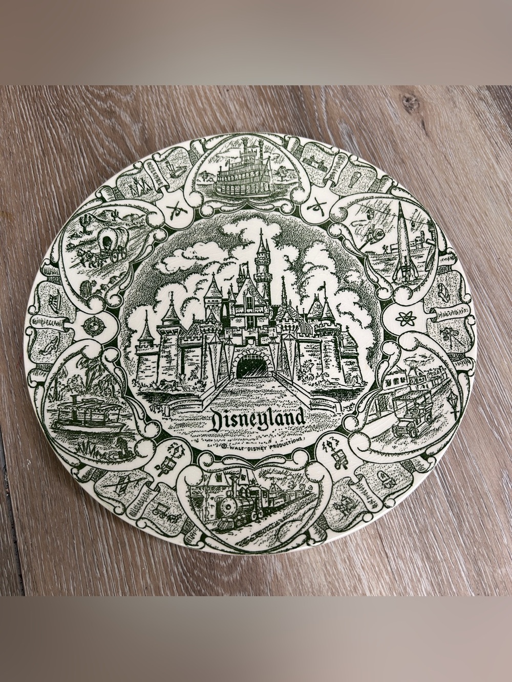 Vintage Disneyland Souvenir Plate Green Transferware Sleeping Beauty Castle 9.5"